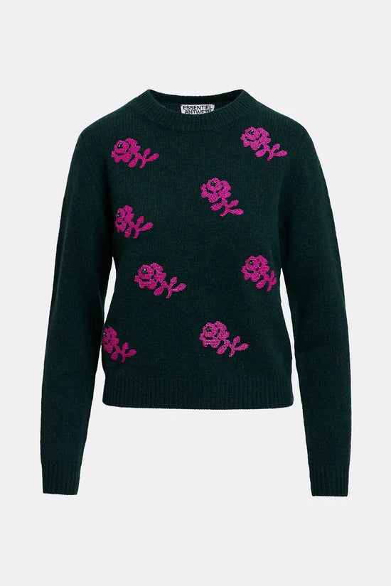 Essentiel Antwerp Dark Green and Pink Floral Jacquard Wool Sweater