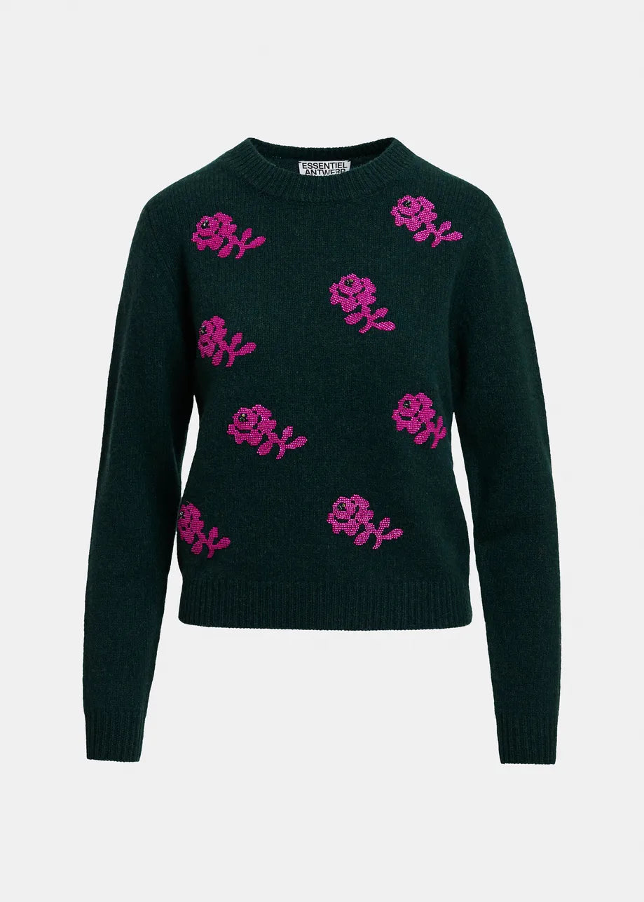 Essentiel Antwerp Dark Green and Pink Floral Jacquard Wool Sweater