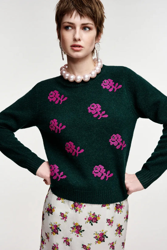 Essentiel Antwerp Dark Green and Pink Floral Jacquard Wool Sweater