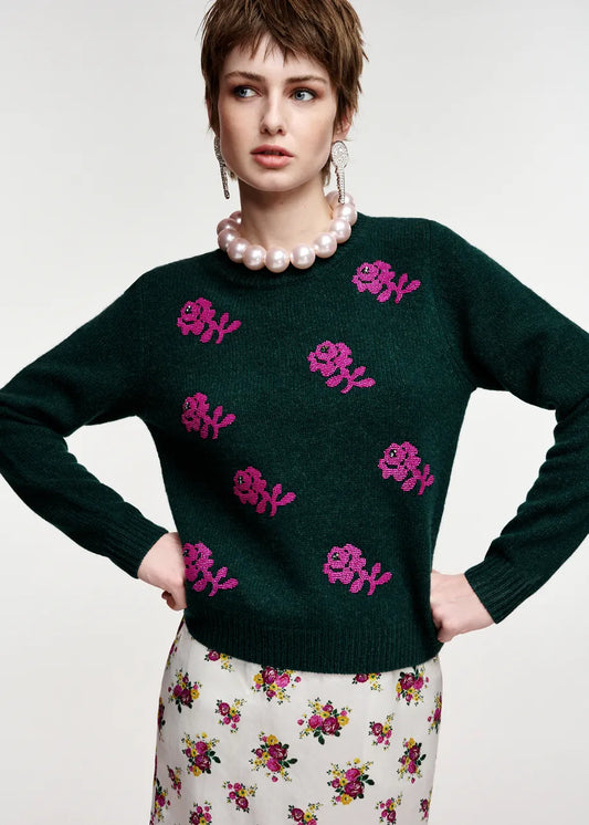 Essentiel Antwerp Dark Green and Pink Floral Jacquard Wool Sweater