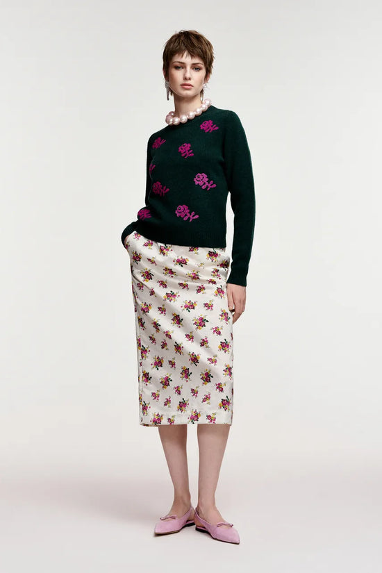 Essentiel Antwerp Dark Green and Pink Floral Jacquard Wool Sweater