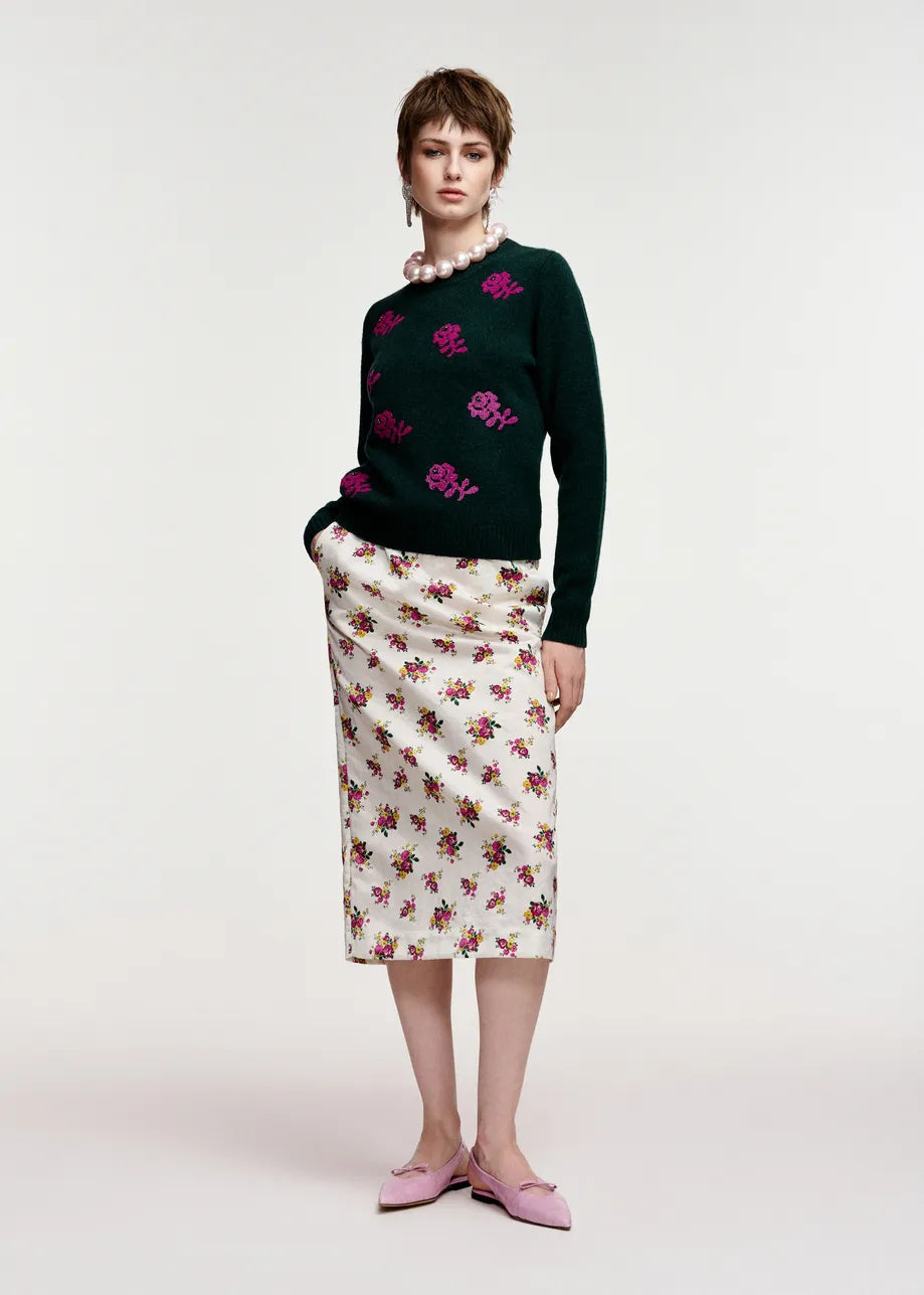 Essentiel Antwerp Dark Green and Pink Floral Jacquard Wool Sweater
