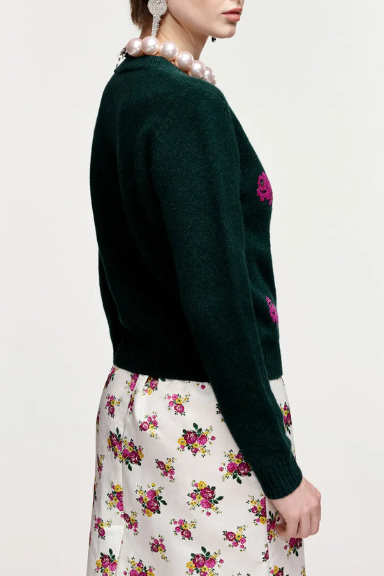 Essentiel Antwerp Dark Green and Pink Floral Jacquard Wool Sweater
