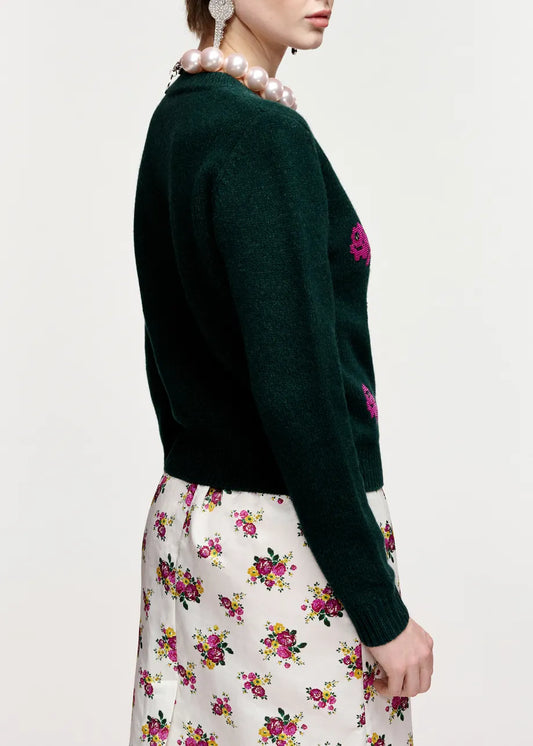 Essentiel Antwerp Dark Green and Pink Floral Jacquard Wool Sweater
