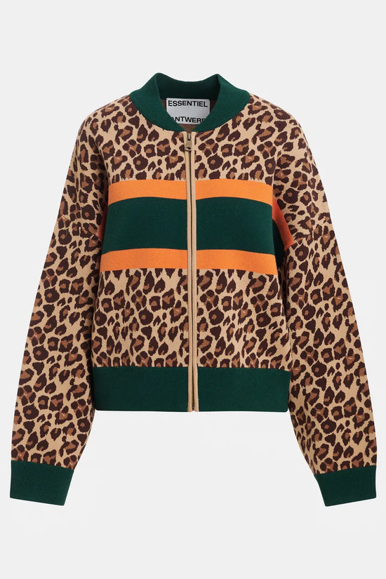 Essentiel Antwerp Brown and multi Leopard-Print Colour-Block Zip-Up Cardigan