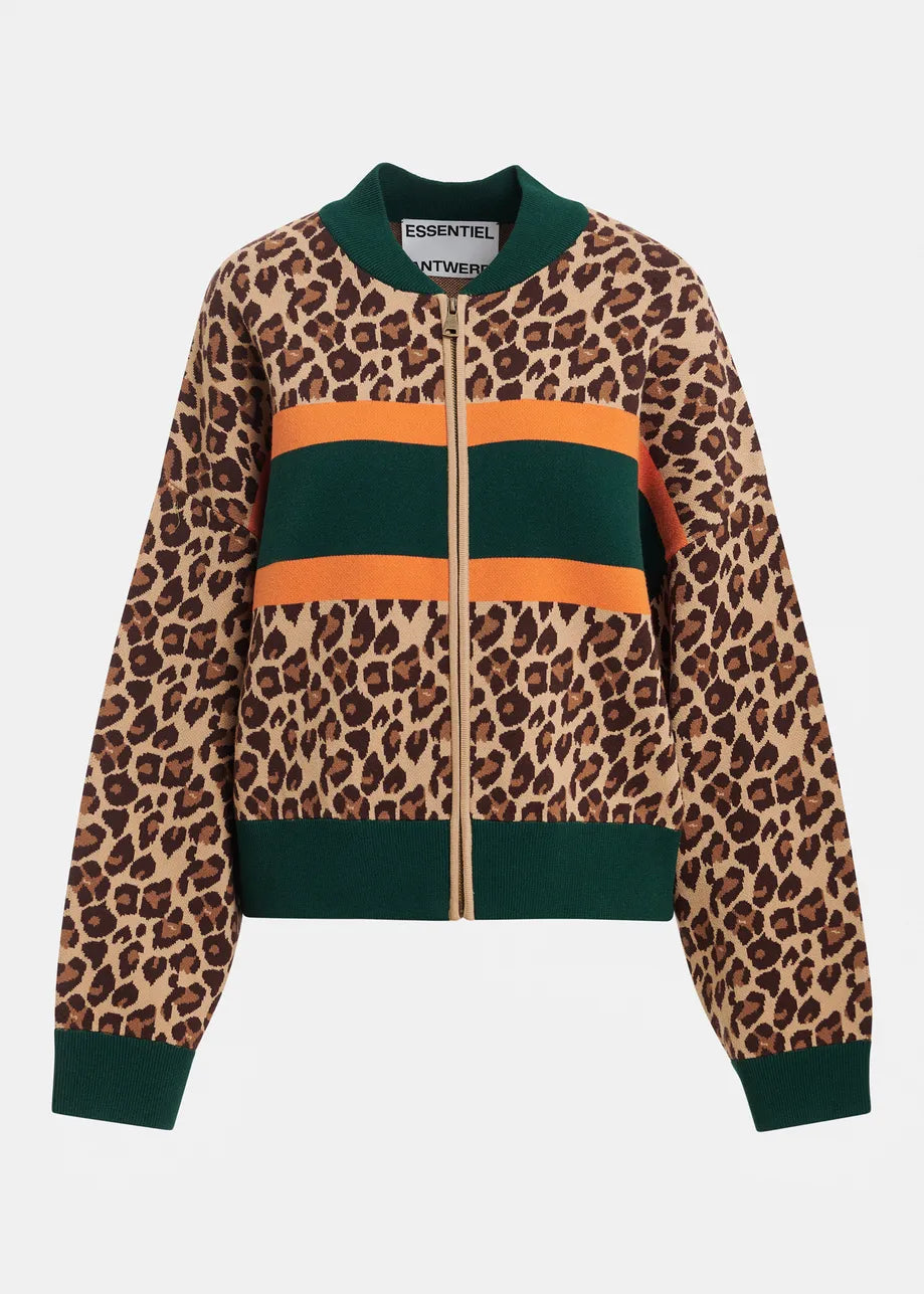 Essentiel Antwerp Brown and multi Leopard-Print Colour-Block Zip-Up Cardigan