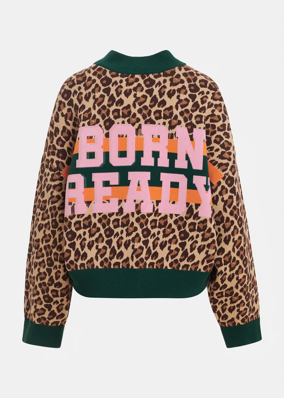 Essentiel Antwerp Brown and multi Leopard-Print Colour-Block Zip-Up Cardigan