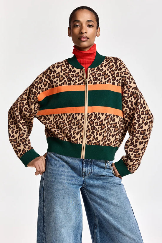 Essentiel Antwerp Brown and multi Leopard-Print Colour-Block Zip-Up Cardigan