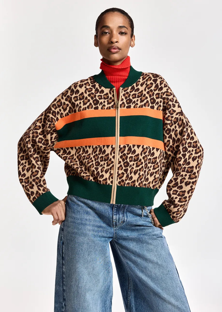 Essentiel Antwerp Brown and multi Leopard-Print Colour-Block Zip-Up Cardigan