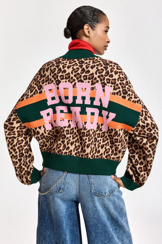 Essentiel Antwerp Brown and multi Leopard-Print Colour-Block Zip-Up Cardigan