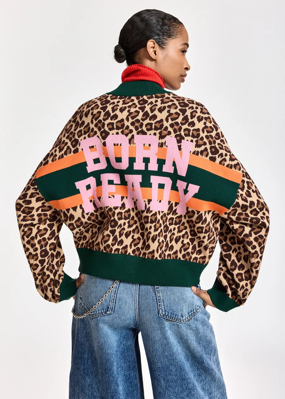 Essentiel Antwerp Brown and multi Leopard-Print Colour-Block Zip-Up Cardigan