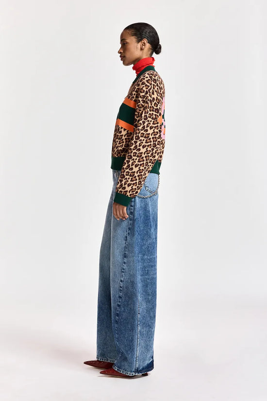Essentiel Antwerp Brown and multi Leopard-Print Colour-Block Zip-Up Cardigan