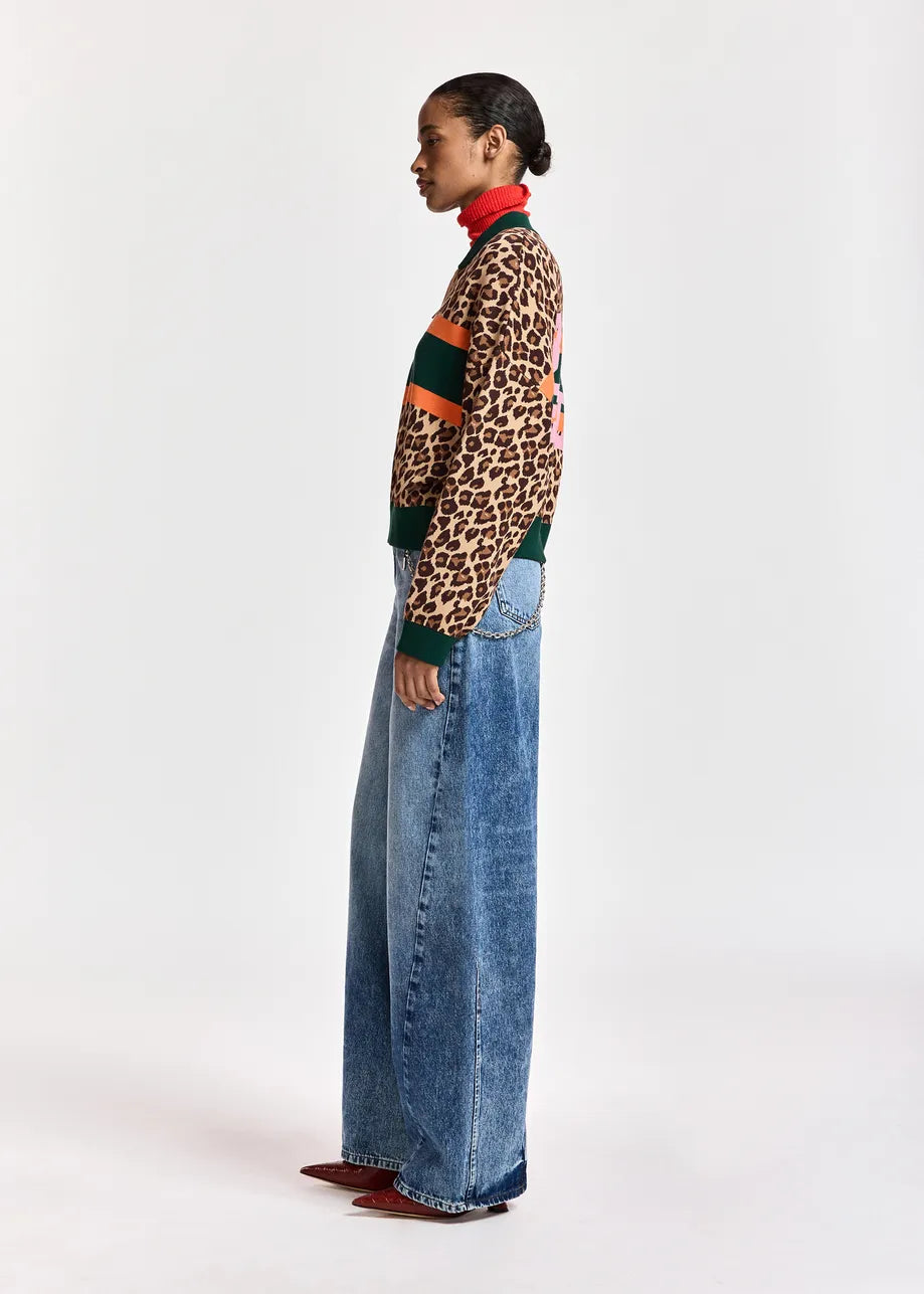 Essentiel Antwerp Brown and multi Leopard-Print Colour-Block Zip-Up Cardigan