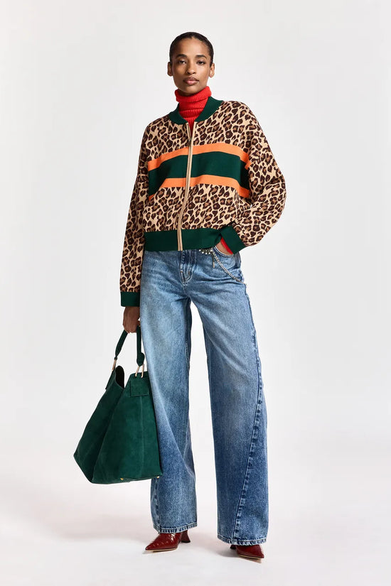 Essentiel Antwerp Brown and multi Leopard-Print Colour-Block Zip-Up Cardigan