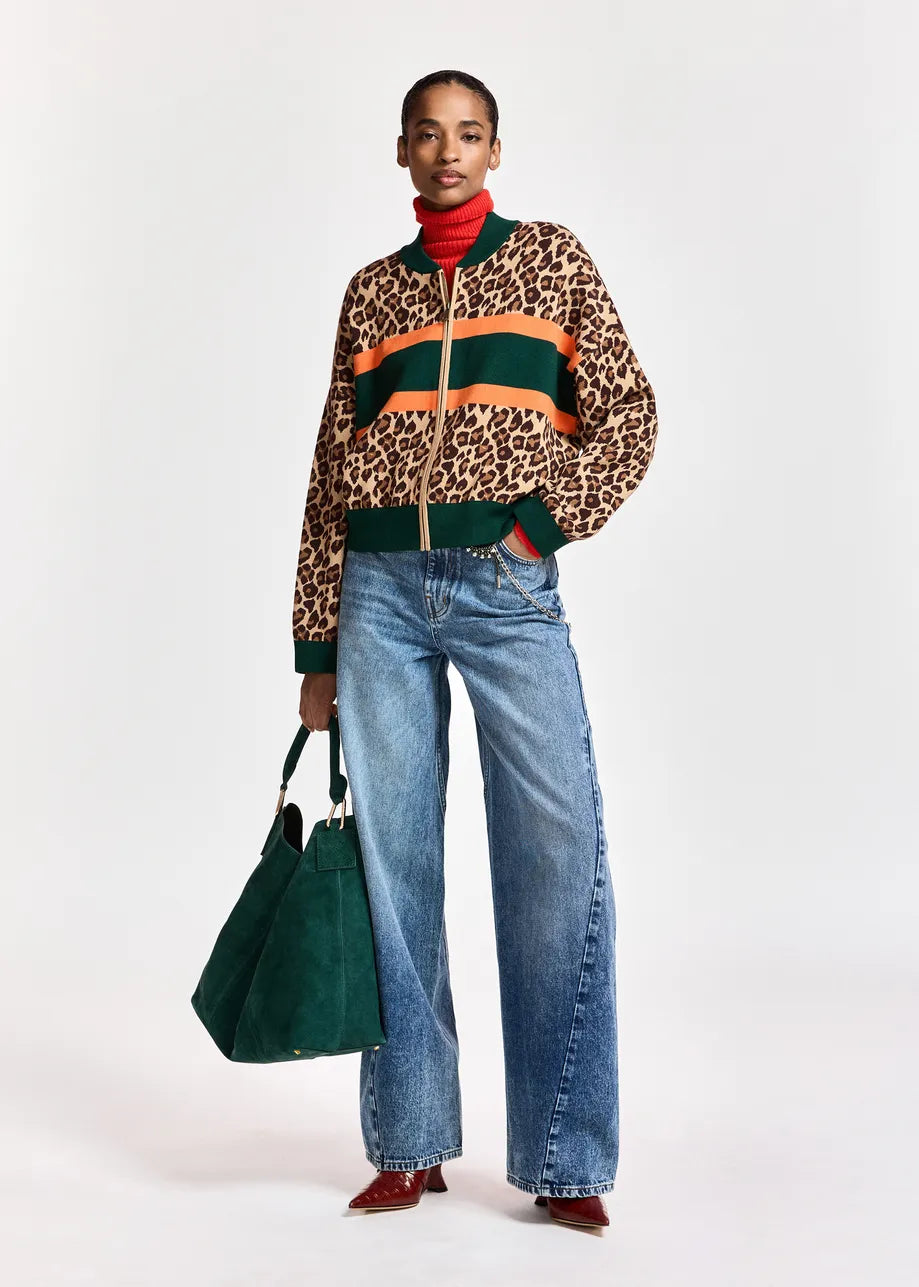 Essentiel Antwerp Brown and multi Leopard-Print Colour-Block Zip-Up Cardigan