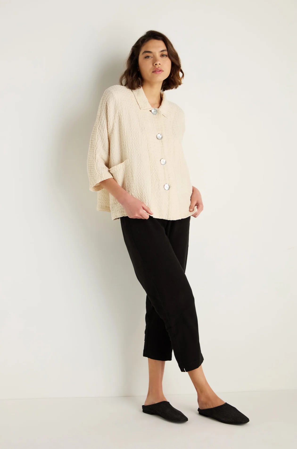 Sahara Ecru Waffle Linen Boxy Jacket