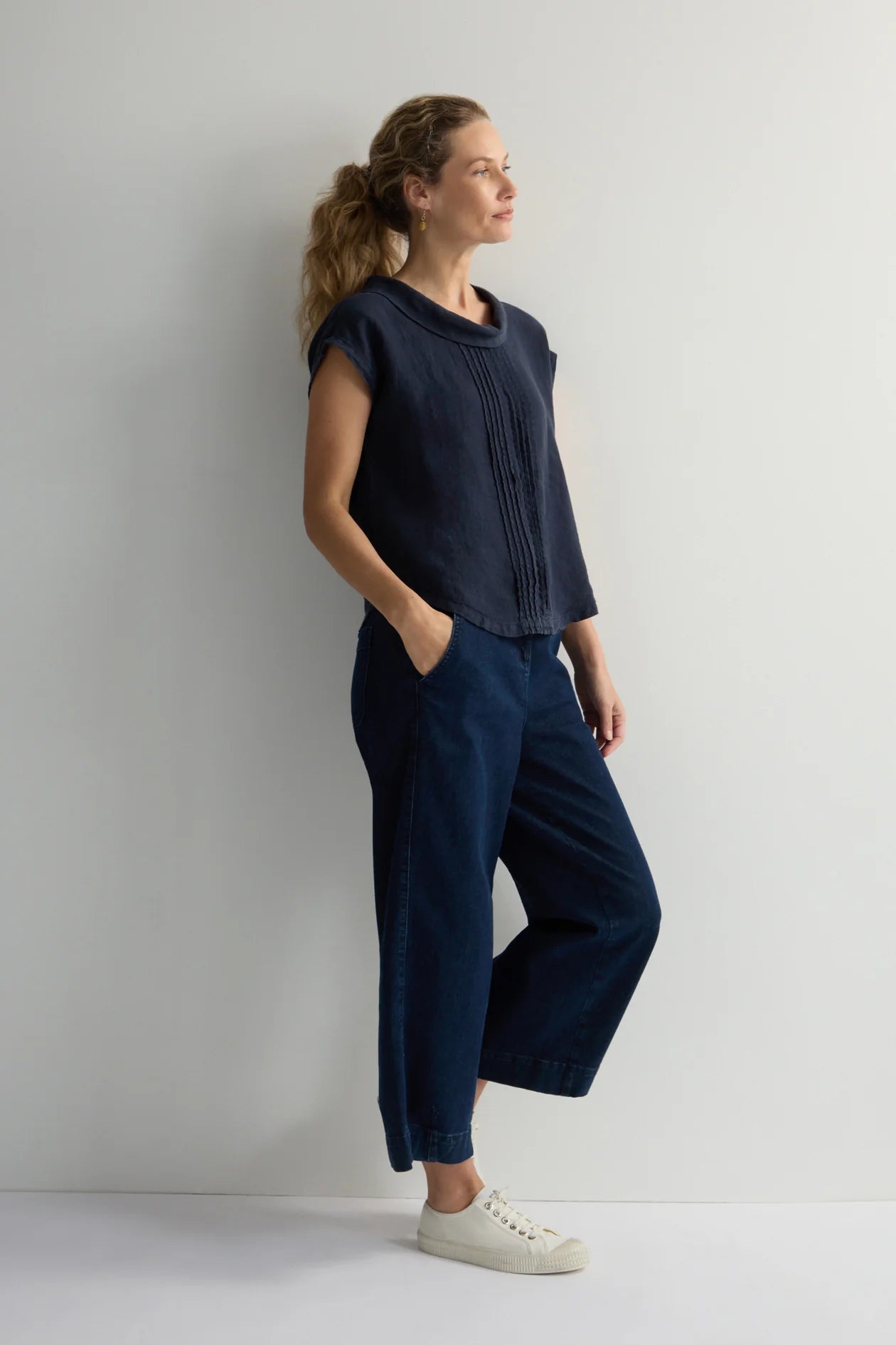 Sahara navy linen pleat front top LAT6220 OL