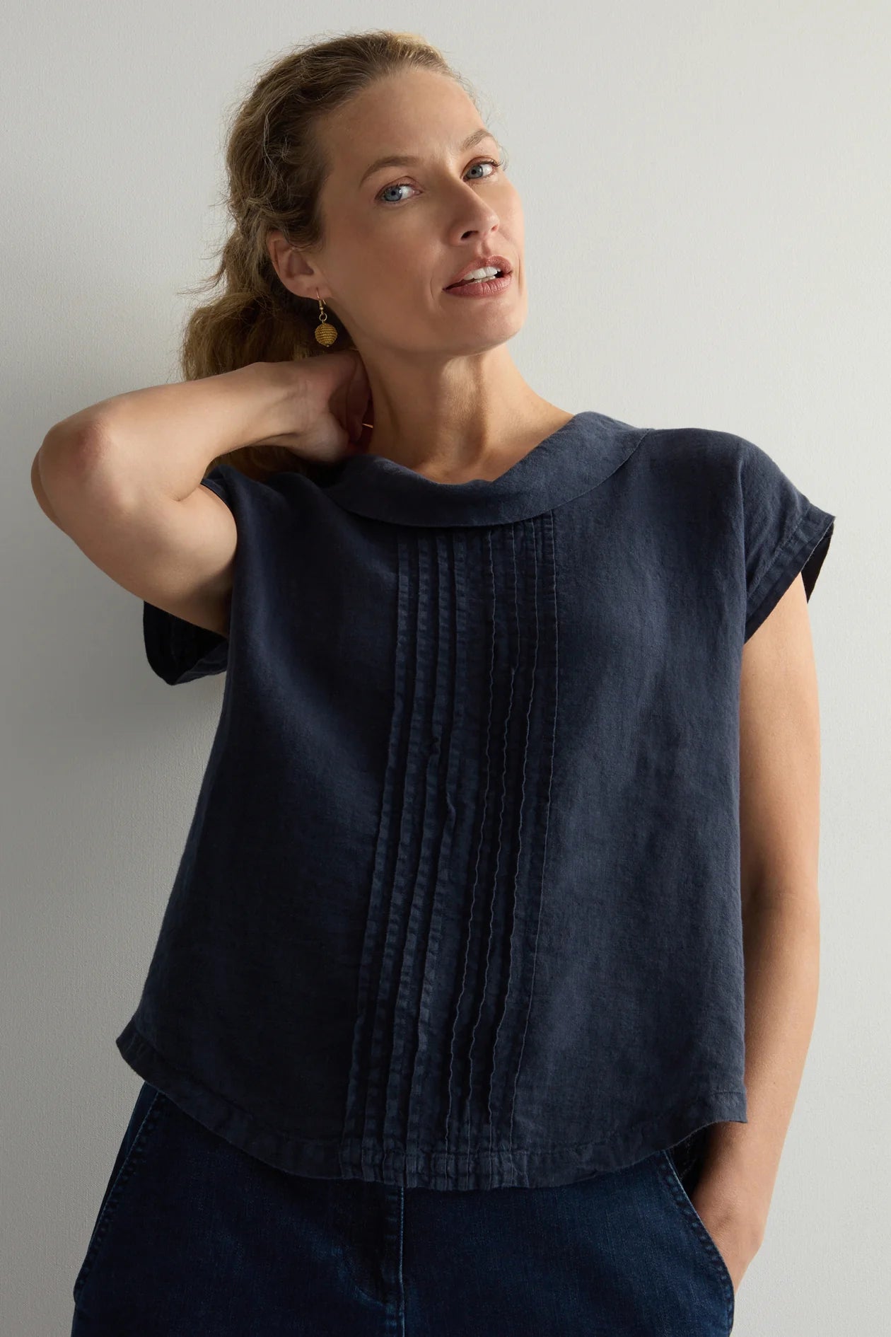 Sahara navy linen pleat front top LAT6220 OL