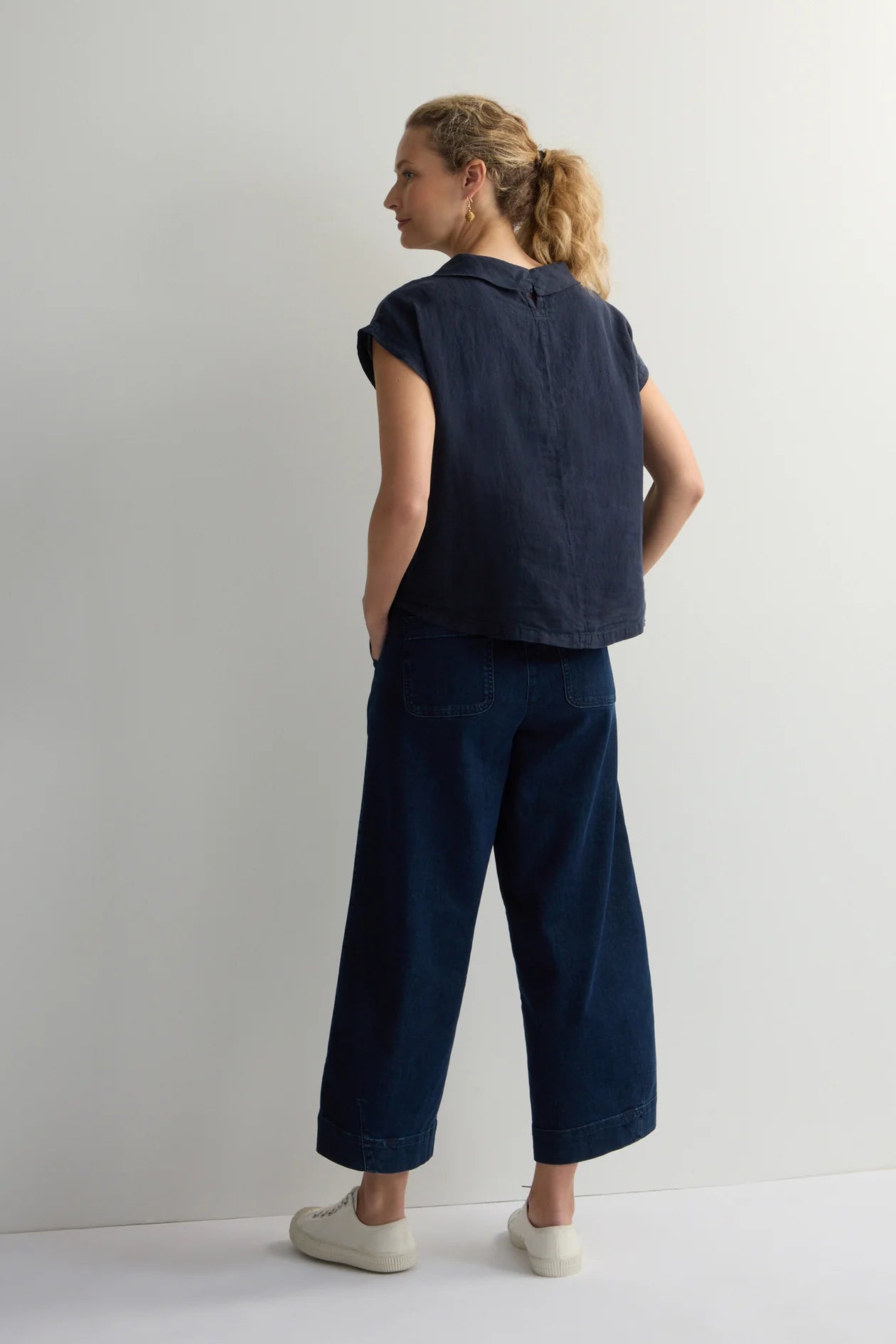 Sahara navy linen pleat front top LAT6220 OL