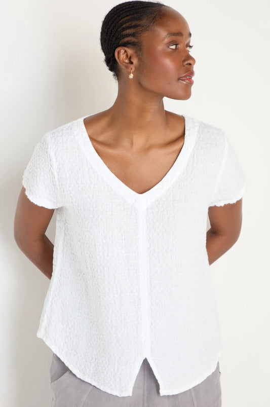 Sahara White Waffle Linen V Neck Top LAT6702-NBEL