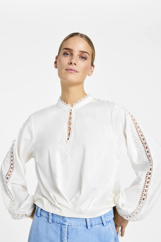 Gustav Off-White Lace Trim Blouse with Button Fastening at Neck, Longer Back