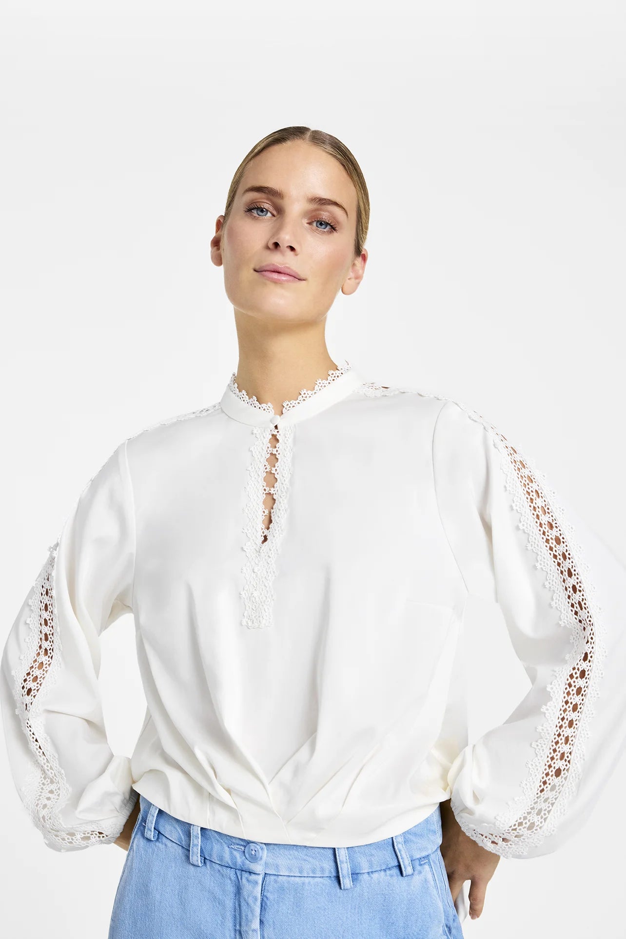 Gustav Off-White Lace Trim Blouse with Button Fastening at Neck, Longer Back