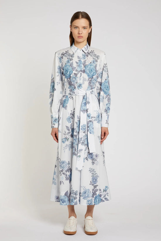 Marella Light Blue Floral Print Cotton Belted Shirt Dress MLLFORMIC
