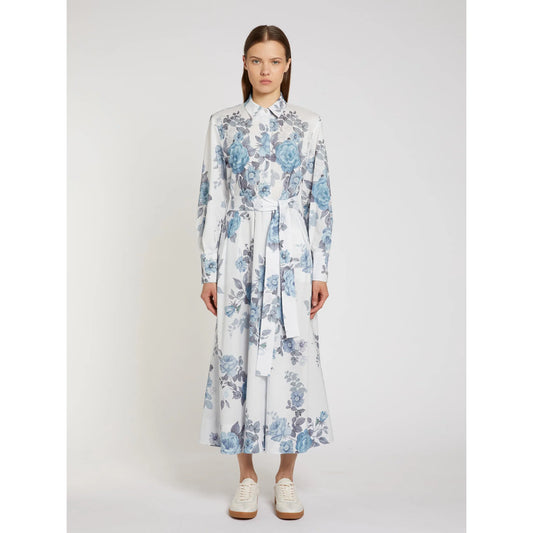 Marella Light Blue Floral Print Cotton Belted Shirt Dress MLLFORMIC