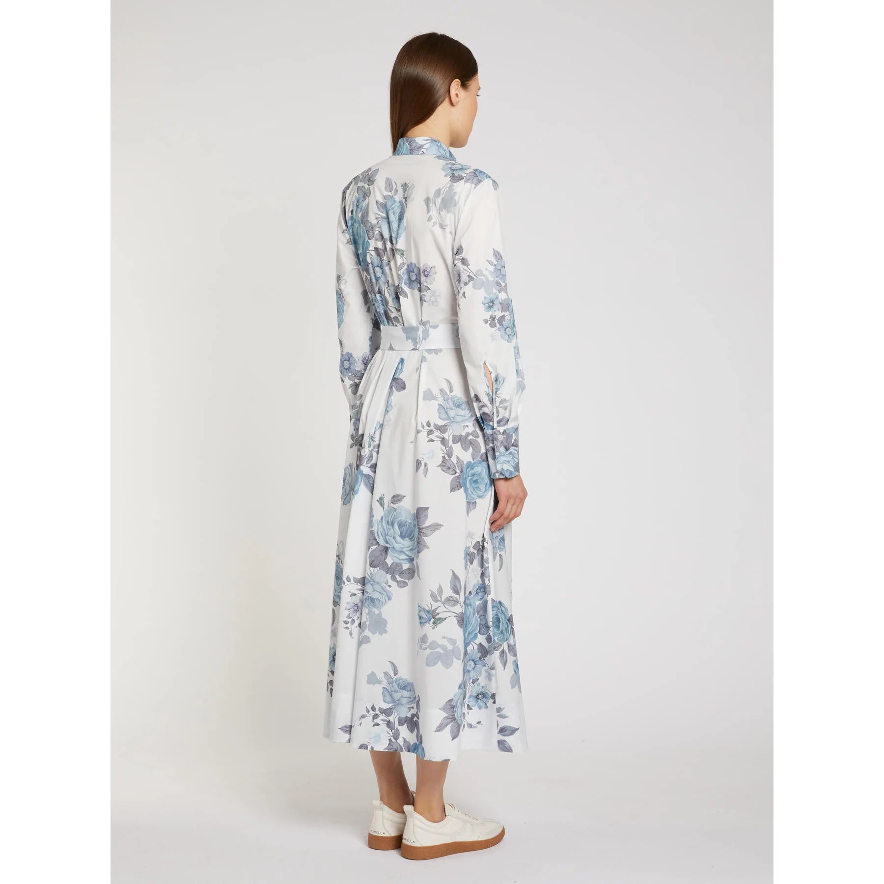 Marella Light Blue Floral Print Cotton Belted Shirt Dress MLLFORMIC