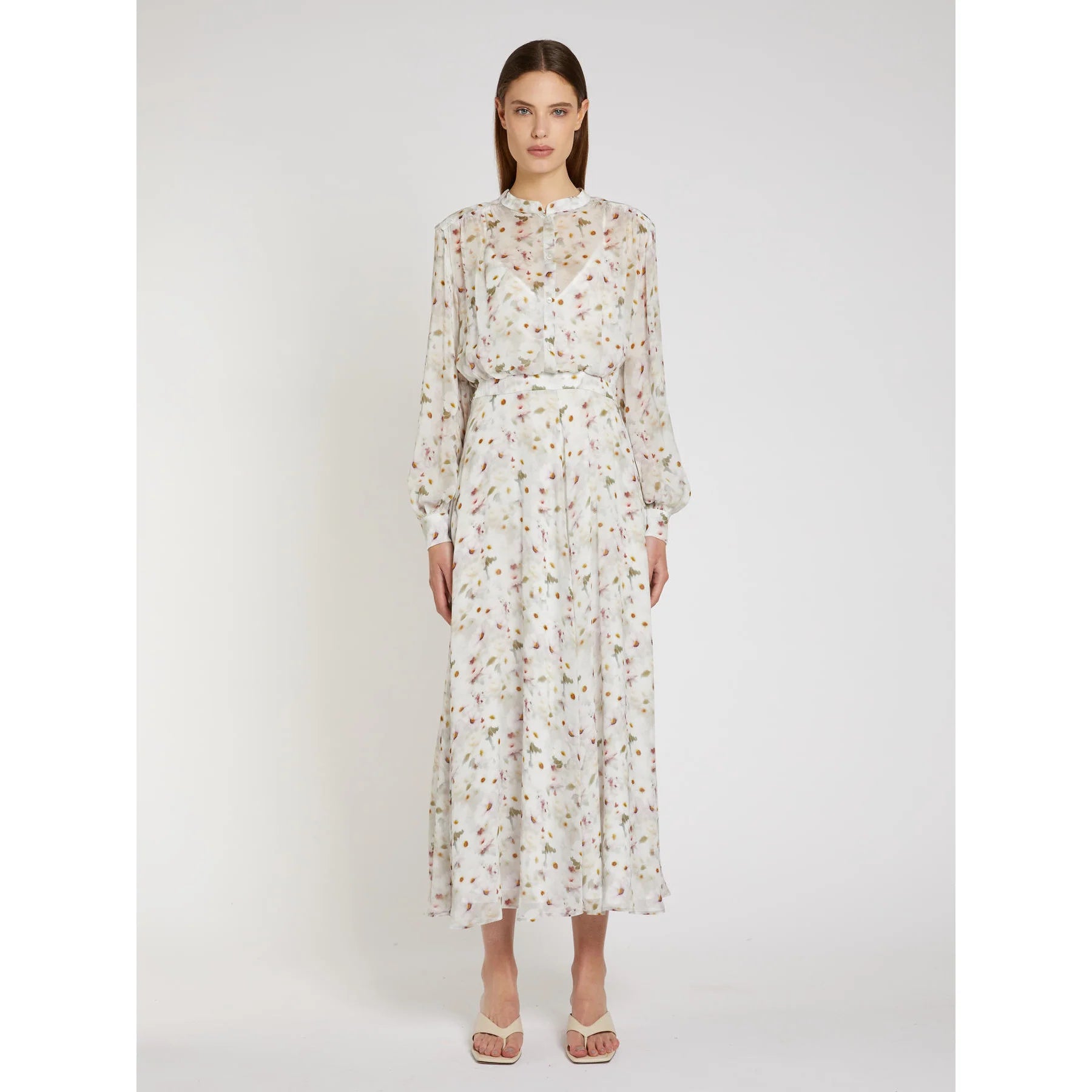 Marella White Floral print Lined Viscose Georgette Shirt Dress MLLMASTRO
