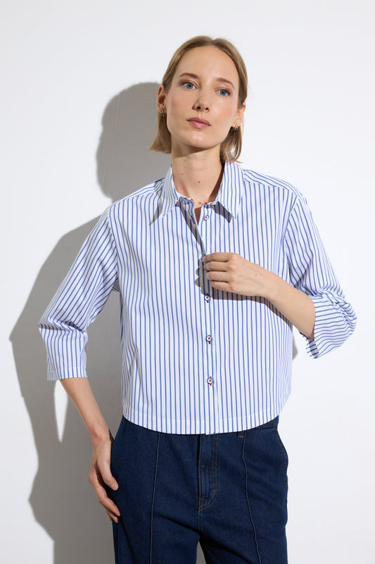 Tinta & Bariloche Navy Striped Cropped Shirt in Cotton Blend with 3/4 Sleeve MAR