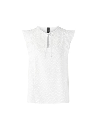Marc Cain White Tie Neck Flounce Cap Sleeve Top