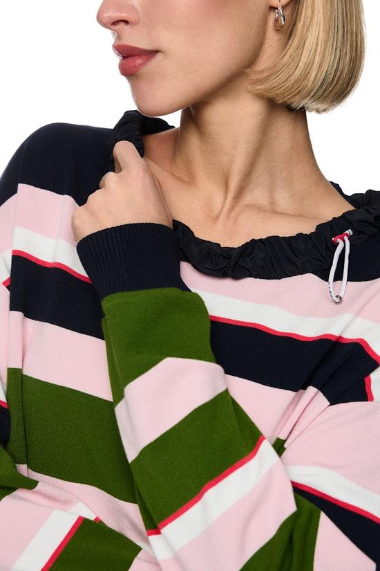 Marc Cain Sports Navy Striped Top with Ruffled Collar