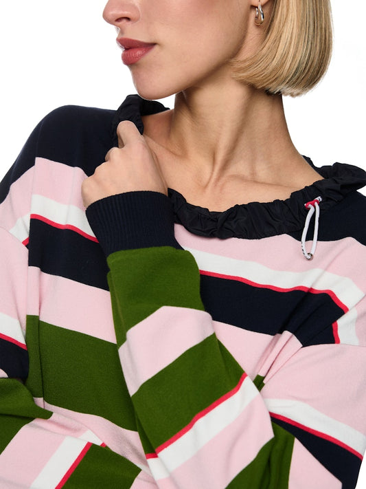 Marc Cain Sports Navy Striped Top with Ruffled Collar