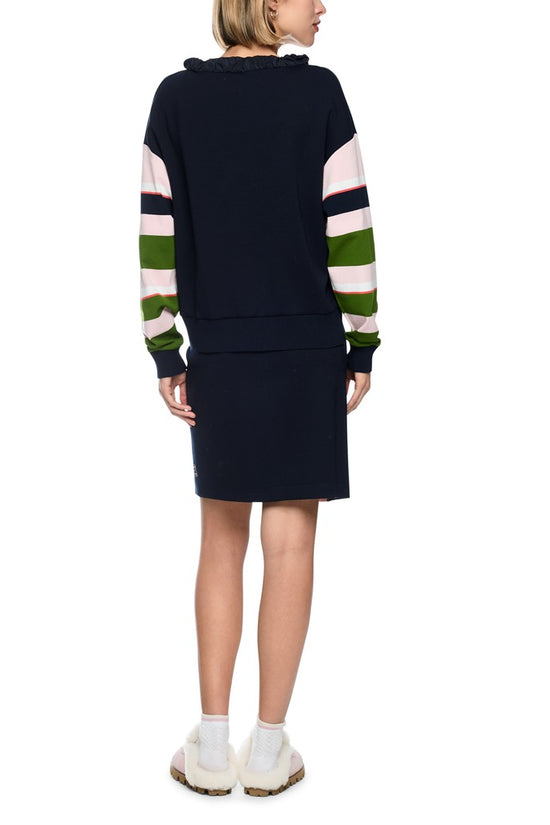 Marc Cain Sports Navy Striped Top with Ruffled Collar
