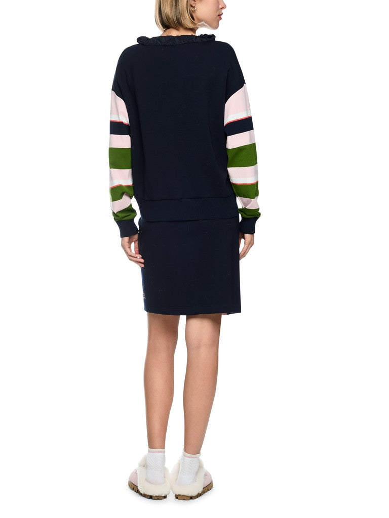 Marc Cain Sports Navy Striped Top with Ruffled Collar