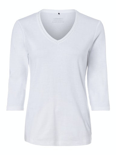 Olsen White Cotton V-Neck T-Shirt with 3/4 Sleeves, Rhinestone Detail 11100239