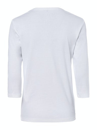 Olsen White Cotton V-Neck T-Shirt with 3/4 Sleeves, Rhinestone Detail 11100239