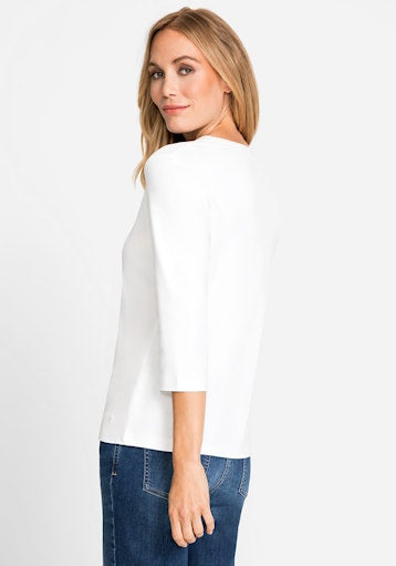 Olsen White Cotton V-Neck T-Shirt with 3/4 Sleeves, Rhinestone Detail 11100239