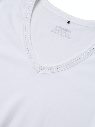 Olsen White Cotton V-Neck T-Shirt with 3/4 Sleeves, Rhinestone Detail 11100239