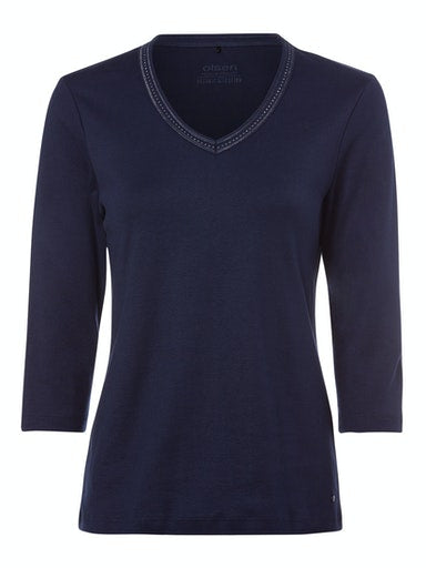 Olsen Navy Cotton V-Neck T-Shirt with 3/4 Sleeves, Rhinestone Detail 11100239