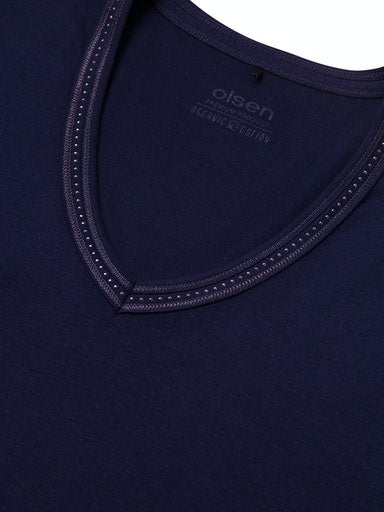 Olsen Navy Cotton V-Neck T-Shirt with 3/4 Sleeves, Rhinestone Detail 11100239