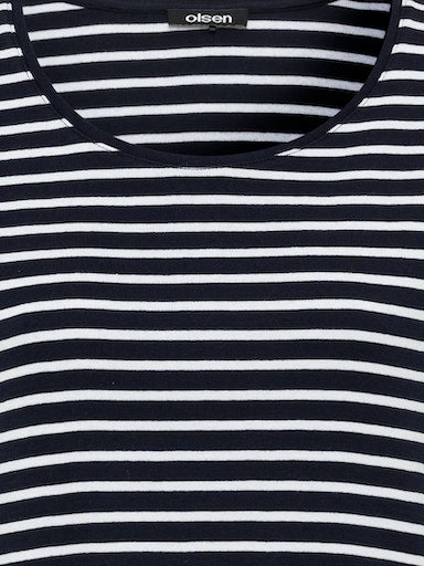 Olsen Navy & White Striped Cotton T-Shirt with Round Neck, 3/4 Sleeves 11100263