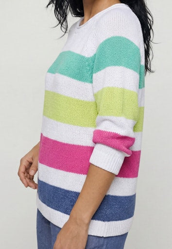 Olsen White & Multi-Coloured Stripe Cotton Blend Crew Neck Sweater