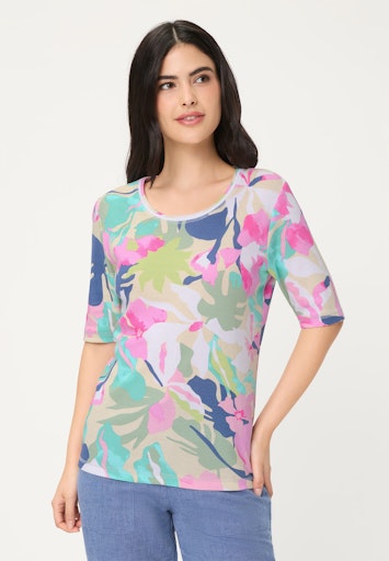Olsen Multi-Coloured Print Cotton Crew Neck T-Shirt