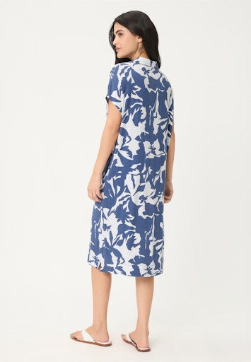 Olsen Indigo Blue Print Midi Dress – V-Neck Shirt Collar
