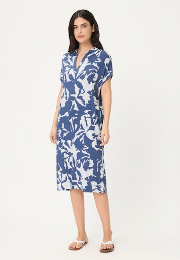 Olsen Indigo Blue Print Midi Dress – V-Neck Shirt Collar