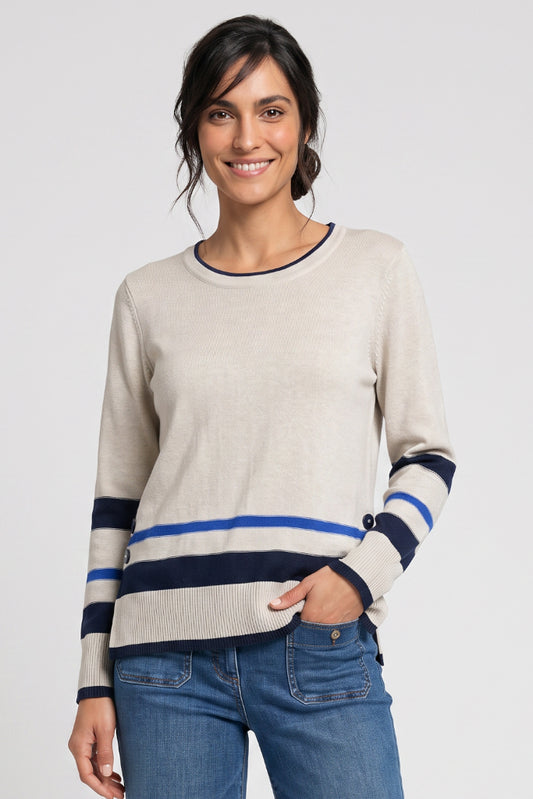 Olsen Almond Cotton Blend Round Neck Sweater with Stripe Detail & Button Sides