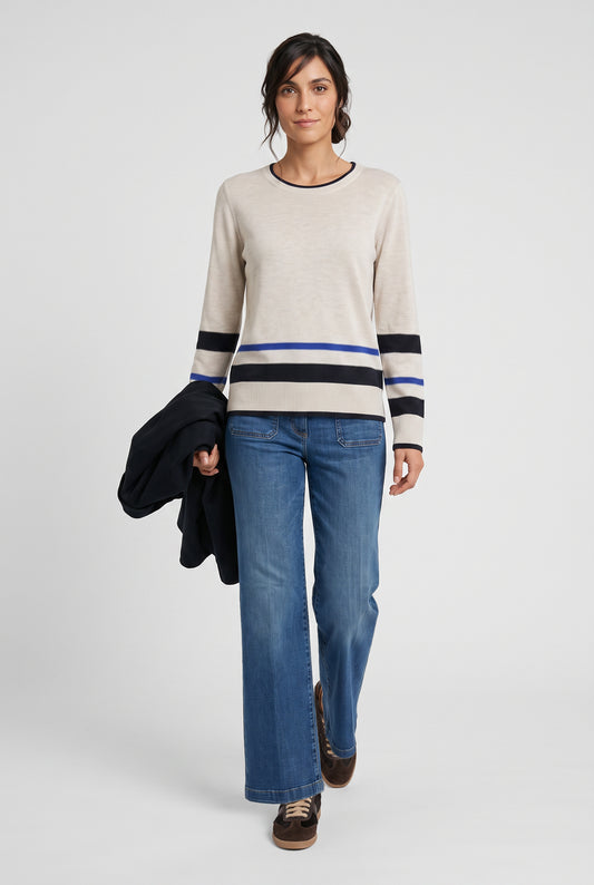 Olsen Almond Cotton Blend Round Neck Sweater with Stripe Detail & Button Sides