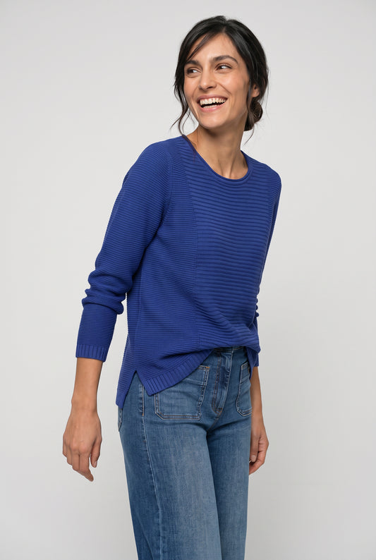 Olsen Cobalt Blue Ribbed Knit Round Neck Sweater 